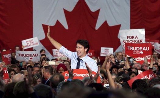 Justin Trudeau wins a smashing victory at the polls in the 2015 Canadian federal election