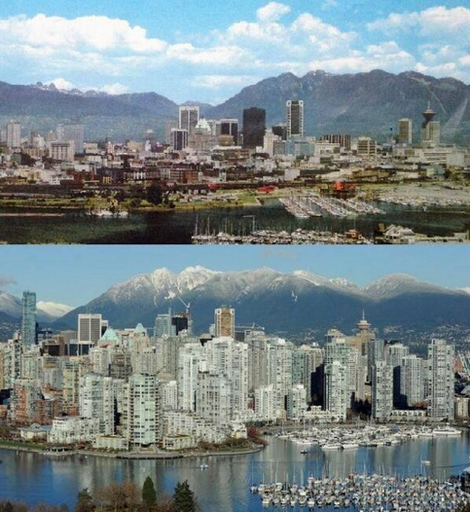 A panorama shot of Burrard Inlet, how Vancouver was transformed from the 1970s til 2014