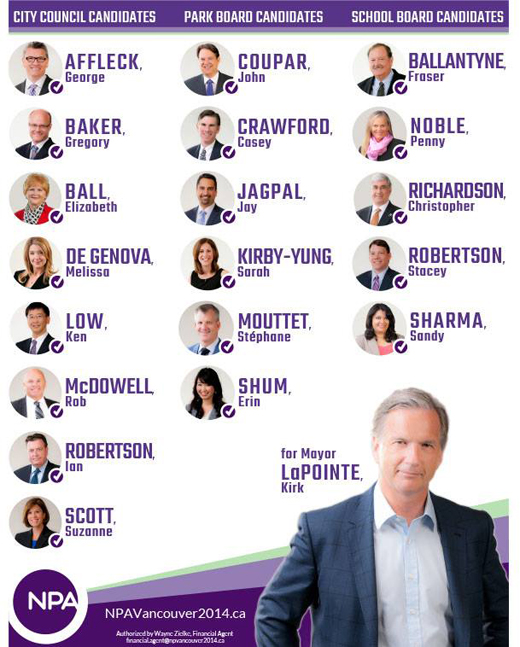2014 NPA Slate of Candidates for Office in the Vancouver Municipal Election