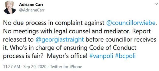 Vancouver City Councillor Adriane Carr comes to the defense of her colleague Michael Wiebe