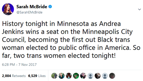 Andrea Jenkins won a seat on the Minneapolis City Council, becoming the first out Black trans woman elected to public office in America