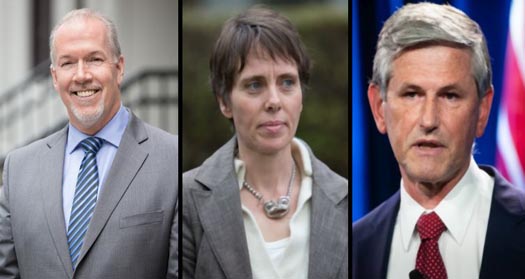 British Columbia political party leaders John Horgan, Andrew Wilkinson and Sonia Furstenau
