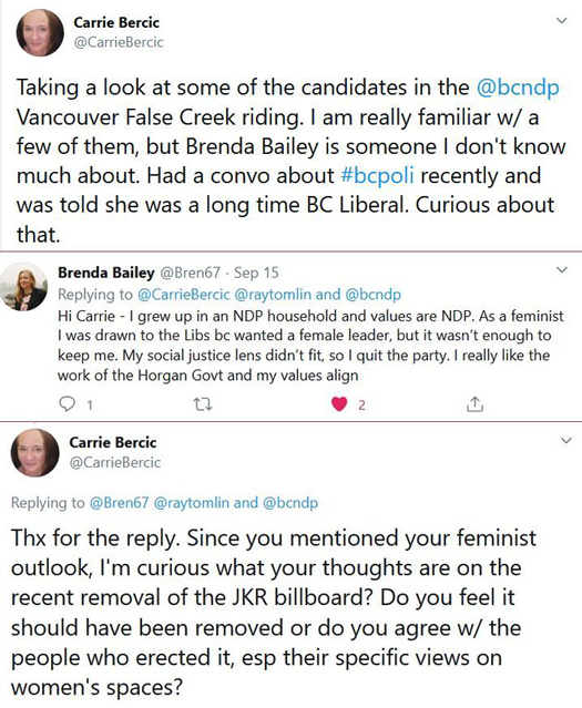 Former Vancouver School Board trustee Carrie Bercic in Twitter conversation with Brenda Bailey