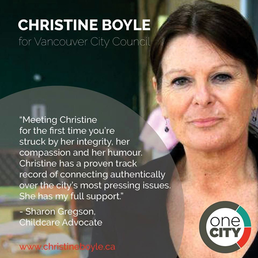 British Columbia childcare advocate Sharon Gregson endorses Christine Boyle for Vancouver City Council