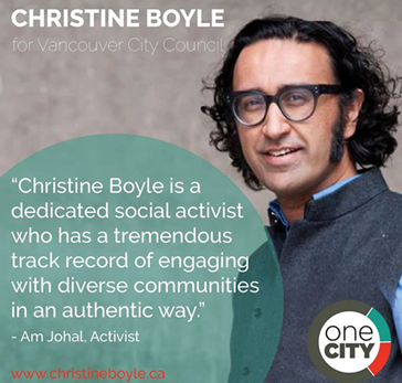 Am Johal, Simon Fraser University Director of Community Engagement at SFU Woodward's Cultural Unit endorses Christine Boyle for City Council