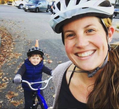 Newly-elected Vancouver City Councillor Christine Boyle out riding a bike with her son