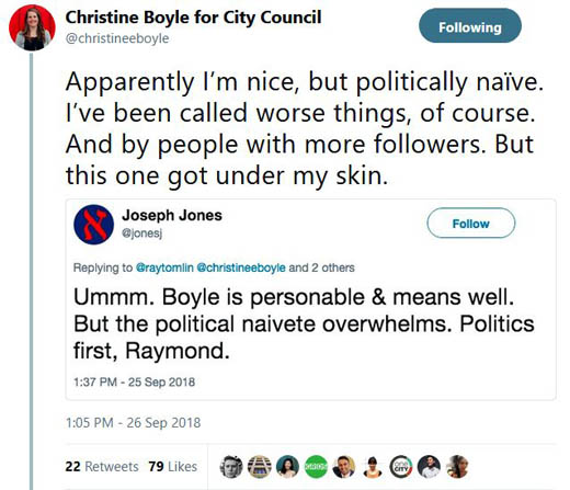 Christine Boyle, OneCity Vancouver candidate for City Council, takes Joseph Jones to the woodshed