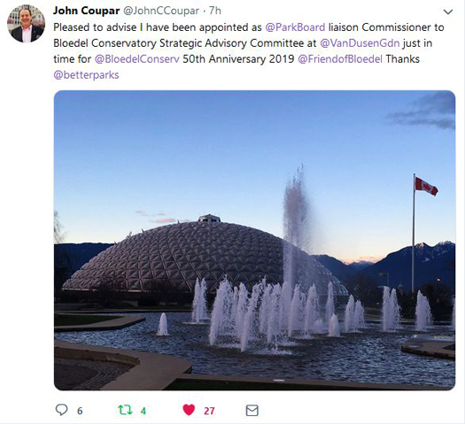 Sober second thought: Park Board Chair Stuart Mackinnon appoints John Coupar as liaison to Bloedel Conservatory + Van Dusen Botanical Garden