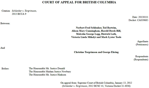 Schlenker v. Torgrimson, BC Court of Appeals, 2013 - Councillor Conflict of Interest