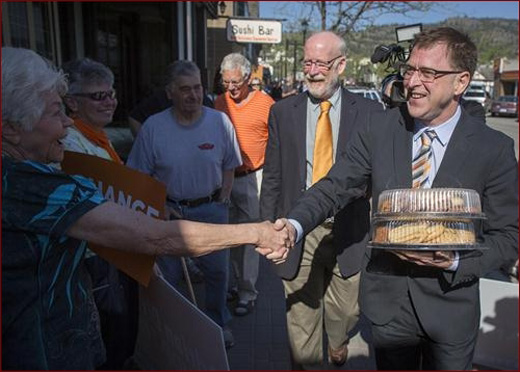 Adrian Dix, BC NDP leader, campaigning in Penticton with candidate Richard Cannings