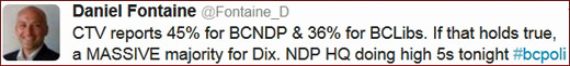 Daniel Fontaine tweets about BC NDP lead in provincial election