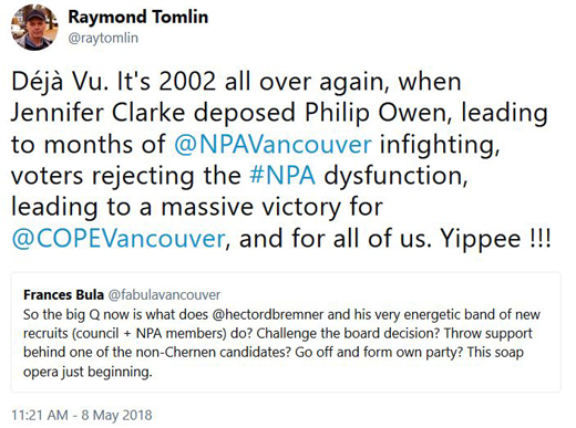 May 7 2018 | REJECTED | Current NPA Vancouver City Council, Hector Bremner's Mayoral candidacy, REJECTED by his party, the Vancouver Non-Partisan Association (NPA)