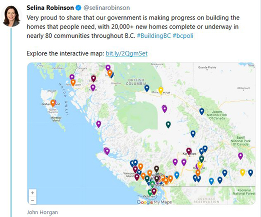 B.C. Housing Minister reports that  20,000 affordable housing units under construction in B.C.
