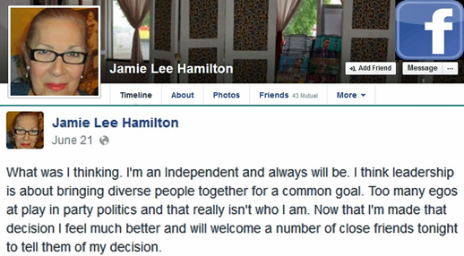 Jamie Lee Hamilton has withdrawn her name for consideration as a COPE Park Board candidate