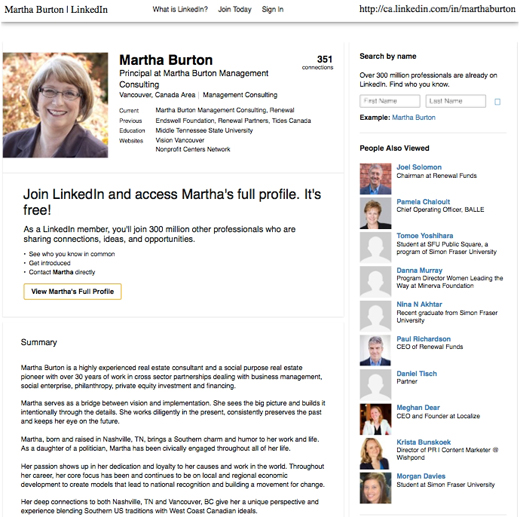 Martha Burton, Vision Vancouver Board of Directors, LinkedIn profile