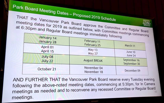 Vancouver Park Board 2019 meeting schedule