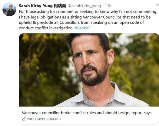 Vancouver City Councillor Sarah Kirby-Yung muzzled, cannot publically respond to fellow Councillor code of conduct violation