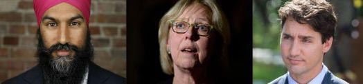 Jagmeet Singh (NDP), Elizabeth May (Greens), Justin Trudeau (Liberals)