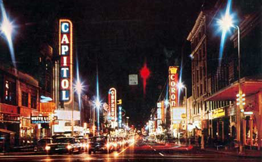 Theatre Row in Vancouver in the 1950s, when Granville Street was home to grand cinemas