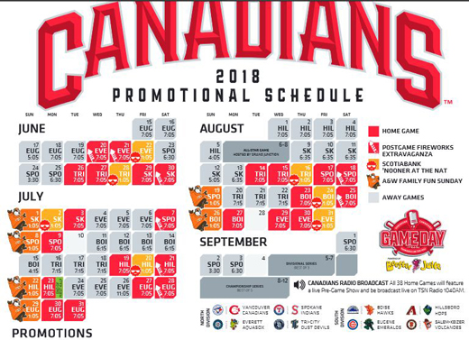 Vancouver Canadians 2018 baseball | Promotional Schedule