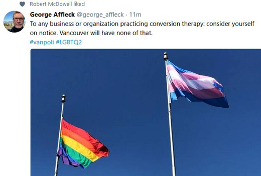 Vancouver Non-Partisan Association City Councillor George Afflecik moved an amendment to a motion presented at Council, seeking to ban the operation of businesses in the City of Vancouver that would propose to conduct so-called conversion therap, Councillor Affleck's amendment to Vision Vancouver City Councillor applying to all persons, and not just minors, as first proposed by Councillor Stevenson