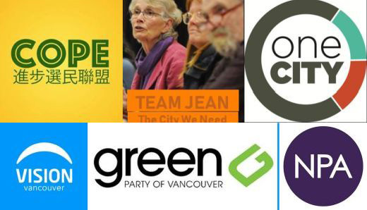 Vancouver political parties: COPE, Team Jean, OneCity, Vision, Greens, NPA