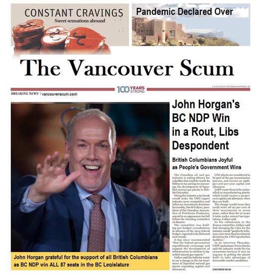 Vancouver Scum newspaper reports 87 seat win for the BC New Democratic Party